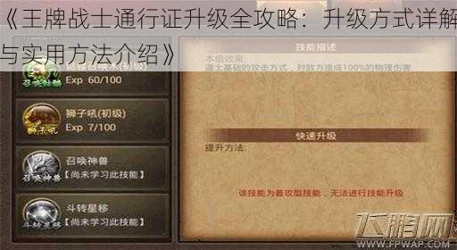 《王牌战士通行证升级全攻略：升级方式详解与实用方法介绍》