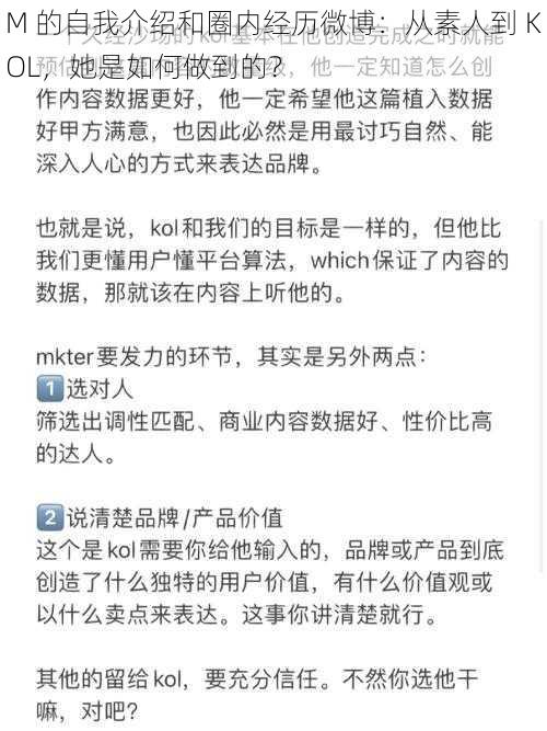 M 的自我介绍和圈内经历微博：从素人到 KOL，她是如何做到的？