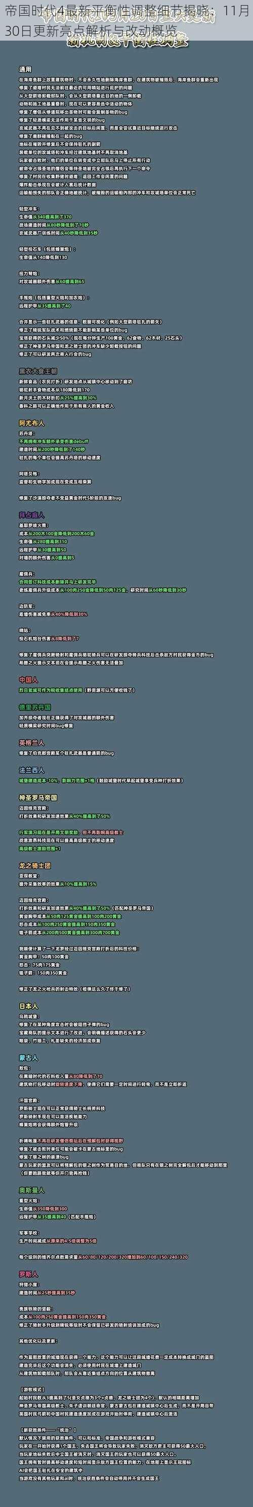 帝国时代4最新平衡性调整细节揭晓：11月30日更新亮点解析与改动概览