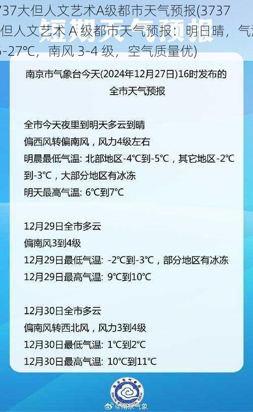 3737大但人文艺术A级都市天气预报(3737 大但人文艺术 A 级都市天气预报：明日晴，气温 15-27℃，南风 3-4 级，空气质量优)